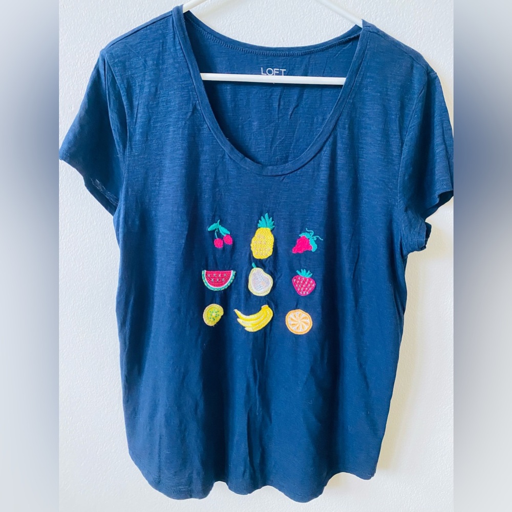 LOFT Dark Blue Tee with Vibrant Fruit Embroidery L